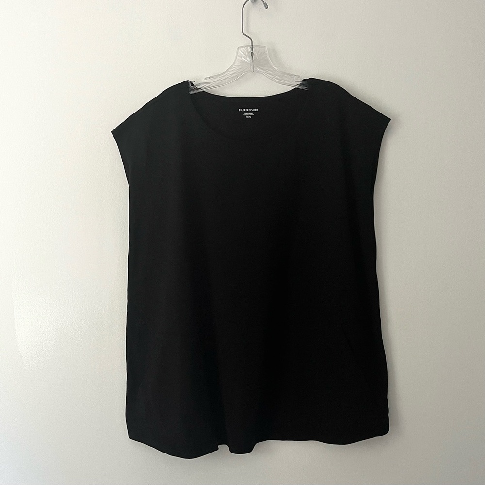 Eileen Fisher Cap Sleeve Black Boxy Organic Cotton Top Pockets XL